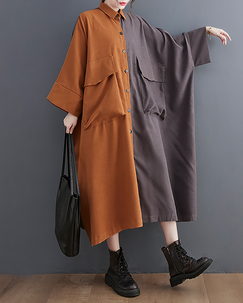 ellazhu Women's T-Shirt Dress Casual Button Down Lapel Long Sleeve Oversize Patchwork Long Maxi Hem Side Pockets GZ665 Orange Grey