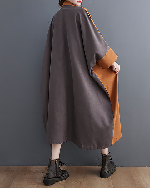 ellazhu Women's T-Shirt Dress Casual Button Down Lapel Long Sleeve Oversize Patchwork Long Maxi Hem Side Pockets GZ665 Orange Grey