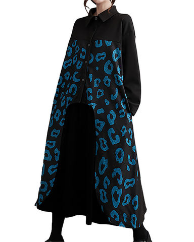ellazhu Women's T-Shirt Dress Casual Button Down Lapel Long Sleeve Oversize Printed Long Maxi Hem Side Pockets GZ666 Black