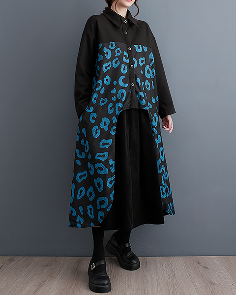 ellazhu Women's T-Shirt Dress Casual Button Down Lapel Long Sleeve Oversize Printed Long Maxi Hem Side Pockets GZ666 Black
