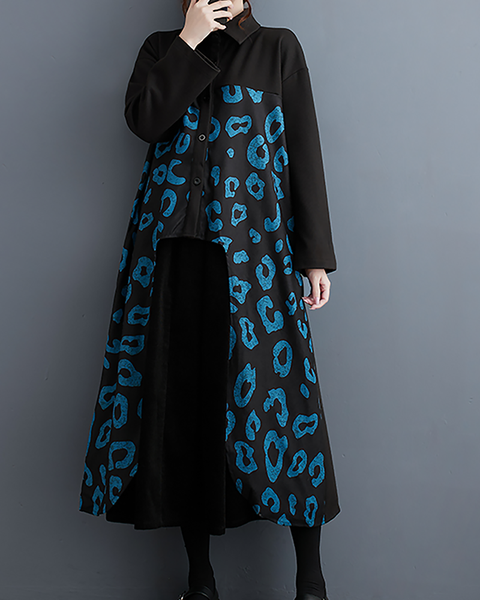ellazhu Women's T-Shirt Dress Casual Button Down Lapel Long Sleeve Oversize Printed Long Maxi Hem Side Pockets GZ666 Black