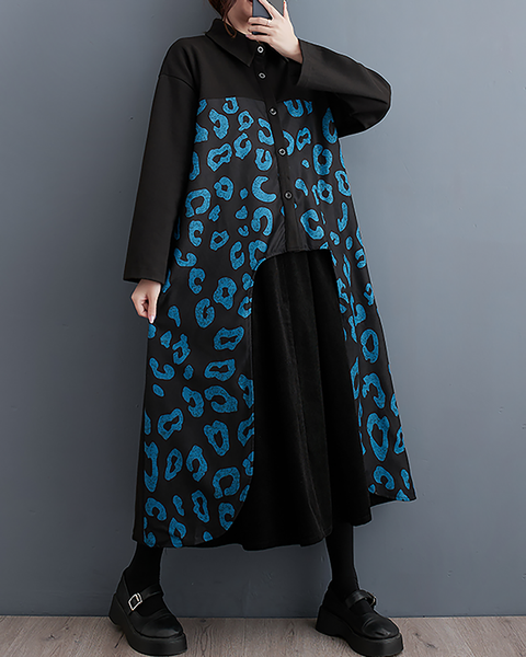 ellazhu Women's T-Shirt Dress Casual Button Down Lapel Long Sleeve Oversize Printed Long Maxi Hem Side Pockets GZ666 Black