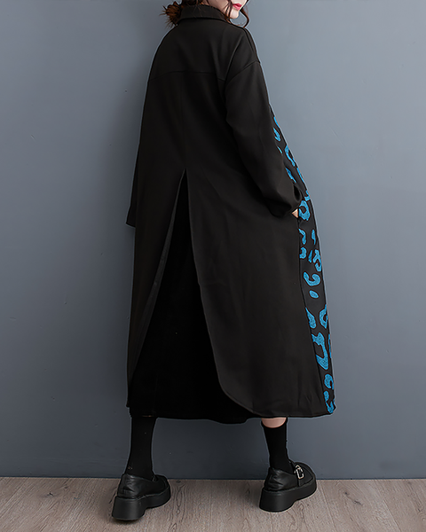ellazhu Women's T-Shirt Dress Casual Button Down Lapel Long Sleeve Oversize Printed Long Maxi Hem Side Pockets GZ666 Black
