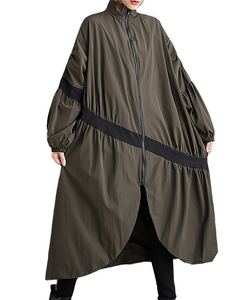 ellazhu Women's Coats Mock Neck Long Sleeve Oversize Zip Up Long Split Hem Printed Outerwear Side Pockets GZ667 Army Green