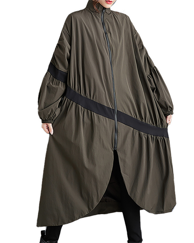 ellazhu Women's Coats Mock Neck Long Sleeve Oversize Zip Up Long Split Hem Printed Outerwear Side Pockets GZ667 Army Green