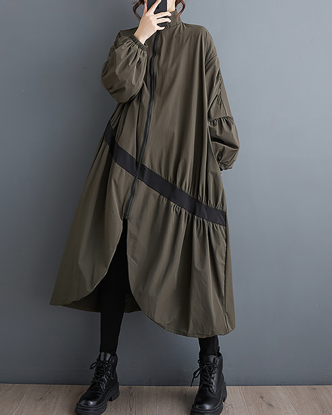 ellazhu Women's Coats Mock Neck Long Sleeve Oversize Zip Up Long Split Hem Printed Outerwear Side Pockets GZ667 Army Green