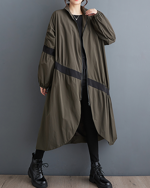 ellazhu Women's Coats Mock Neck Long Sleeve Oversize Zip Up Long Split Hem Printed Outerwear Side Pockets GZ667 Army Green