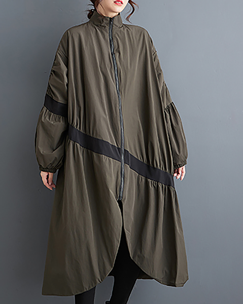 ellazhu Women's Coats Mock Neck Long Sleeve Oversize Zip Up Long Split Hem Printed Outerwear Side Pockets GZ667 Army Green