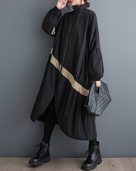 ellazhu Women's Coats Mock Neck Long Sleeve Oversize Zip Up Long Split Hem Printed Outerwear Side Pockets GZ667 Army Green