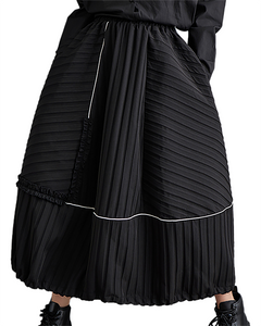 ellazhu Women's Skirt Loose Oversize Pleated Maxi Hem High Elastic Waist Printed Side Pockets GZ668 Black