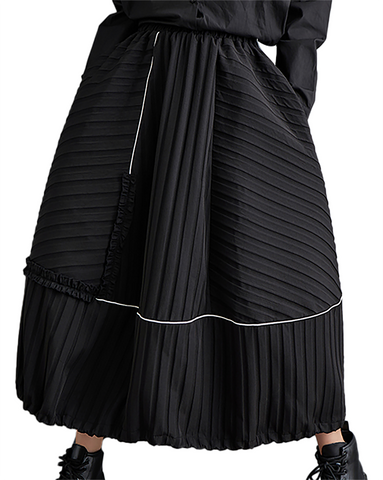 ellazhu Women's Skirt Loose Oversize Pleated Maxi Hem High Elastic Waist Printed Side Pockets GZ668 Black