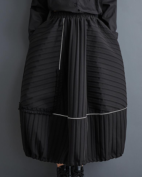 ellazhu Women's Skirt Loose Oversize Pleated Maxi Hem High Elastic Waist Printed Side Pockets GZ668 Black