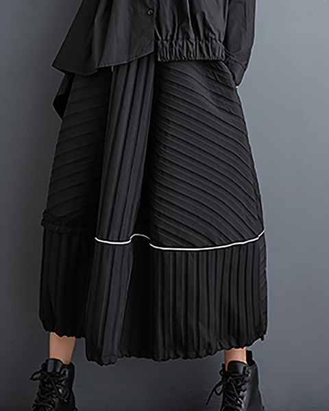 ellazhu Women's Skirt Loose Oversize Pleated Maxi Hem High Elastic Waist Printed Side Pockets GZ668 Black