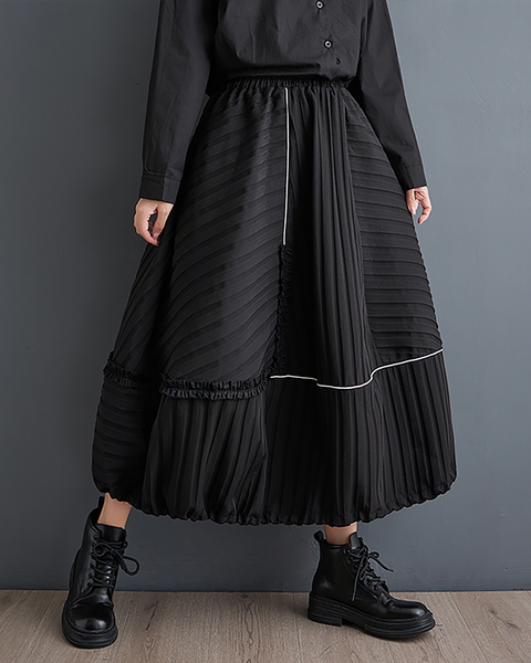 ellazhu Women's Skirt Loose Oversize Pleated Maxi Hem High Elastic Waist Printed Side Pockets GZ668 Black