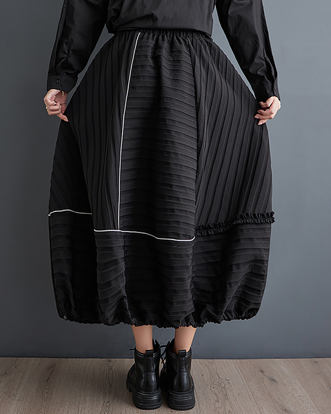 ellazhu Women's Skirt Loose Oversize Pleated Maxi Hem High Elastic Waist Printed Side Pockets GZ668 Black