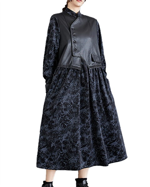 ellazhu Women's T-Shirt Dress Casual Button Down Lapel Long Sleeve Oversize Printed Long Maxi Hem Side Pockets GZ669 Black