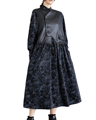 ellazhu Women's T-Shirt Dress Casual Button Down Lapel Long Sleeve Oversize Printed Long Maxi Hem Side Pockets GZ669 Black