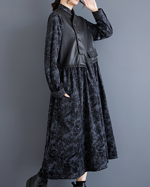 ellazhu Women's T-Shirt Dress Casual Button Down Lapel Long Sleeve Oversize Printed Long Maxi Hem Side Pockets GZ669 Black