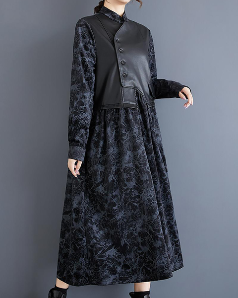 ellazhu Women's T-Shirt Dress Casual Button Down Lapel Long Sleeve Oversize Printed Long Maxi Hem Side Pockets GZ669 Black