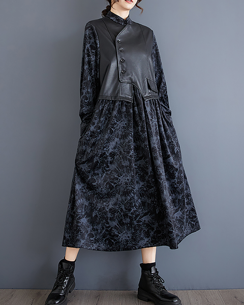 ellazhu Women's T-Shirt Dress Casual Button Down Lapel Long Sleeve Oversize Printed Long Maxi Hem Side Pockets GZ669 Black