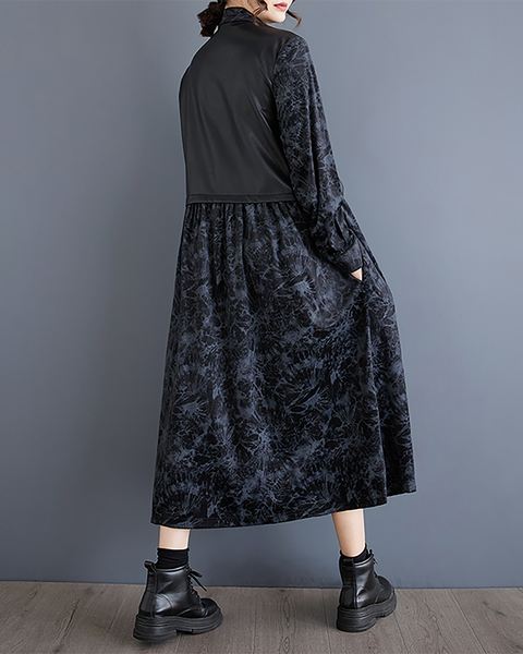 ellazhu Women's T-Shirt Dress Casual Button Down Lapel Long Sleeve Oversize Printed Long Maxi Hem Side Pockets GZ669 Black
