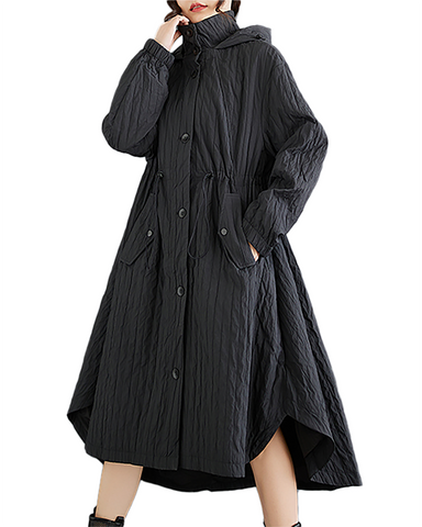 ellazhu Women's Coats Hooded Long Sleeve Oversize Button Down Long Maxi Hem Solid Outerwear Side Pockets GZ670 Black