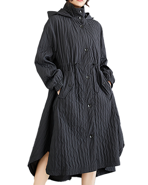 ellazhu Women's Coats Hooded Long Sleeve Oversize Button Down Long Maxi Hem Solid Outerwear Side Pockets GZ670 Black