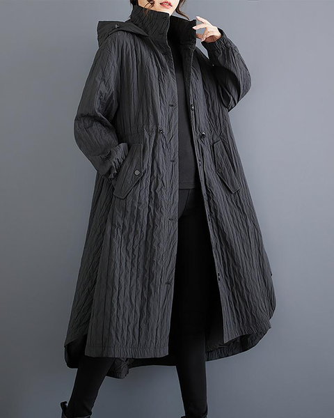 ellazhu Women's Coats Hooded Long Sleeve Oversize Button Down Long Maxi Hem Solid Outerwear Side Pockets GZ670 Black