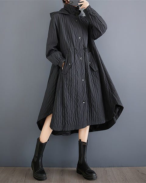ellazhu Women's Coats Hooded Long Sleeve Oversize Button Down Long Maxi Hem Solid Outerwear Side Pockets GZ670 Black