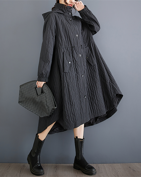 ellazhu Women's Coats Hooded Long Sleeve Oversize Button Down Long Maxi Hem Solid Outerwear Side Pockets GZ670 Black