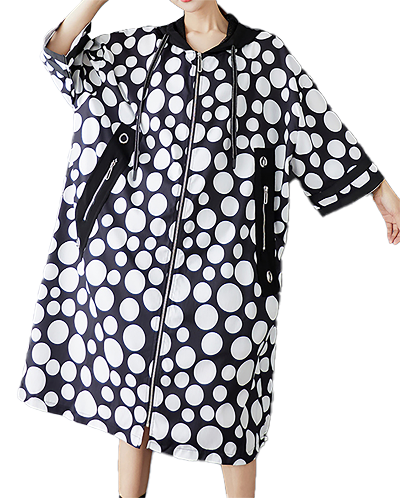 ellazhu Women's Coats Hooded Long Sleeve Zip Up Side Pockets Printed Polka Dot Plus Size Fashion Casual Maxi GZ672 Polka Dot