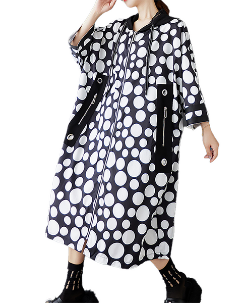 ellazhu Women's Coats Hooded Long Sleeve Zip Up Side Pockets Printed Polka Dot Plus Size Fashion Casual Maxi GZ672 Polka Dot
