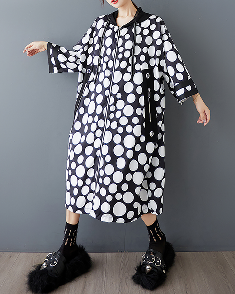 ellazhu Women's Coats Hooded Long Sleeve Zip Up Side Pockets Printed Polka Dot Plus Size Fashion Casual Maxi GZ672 Polka Dot