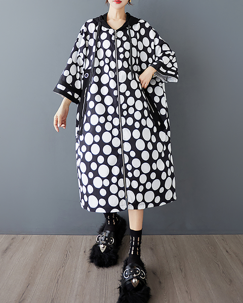 ellazhu Women's Coats Hooded Long Sleeve Zip Up Side Pockets Printed Polka Dot Plus Size Fashion Casual Maxi GZ672 Polka Dot