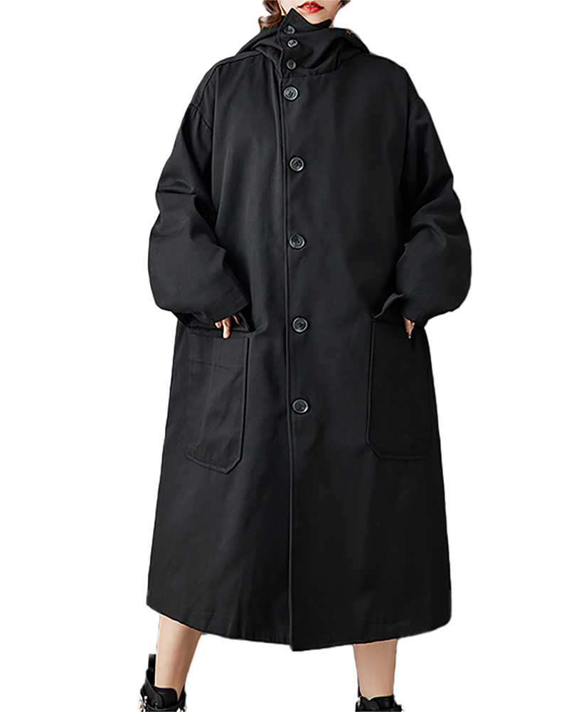 ellazhu Women's Coats Hooded Long Sleeve Oversize Button Down Long Maxi Hem Solid Outerwear Side Pockets GZ673 Black