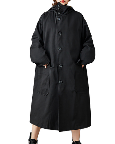 ellazhu Women's Coats Hooded Long Sleeve Oversize Button Down Long Maxi Hem Solid Outerwear Side Pockets GZ673 Black