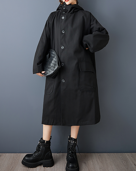 ellazhu Women's Coats Hooded Long Sleeve Oversize Button Down Long Maxi Hem Solid Outerwear Side Pockets GZ673 Black