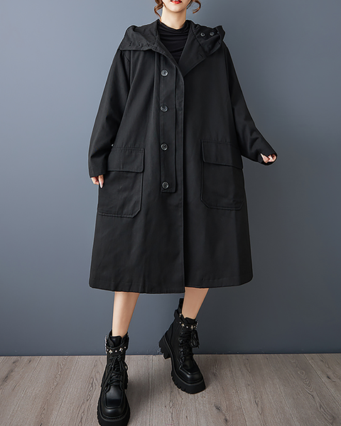 ellazhu Women's Coats Hooded Long Sleeve Oversize Button Down Long Maxi Hem Solid Outerwear Side Pockets GZ673 Black