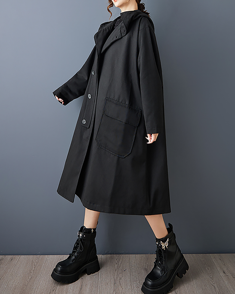 ellazhu Women's Coats Hooded Long Sleeve Oversize Button Down Long Maxi Hem Solid Outerwear Side Pockets GZ673 Black