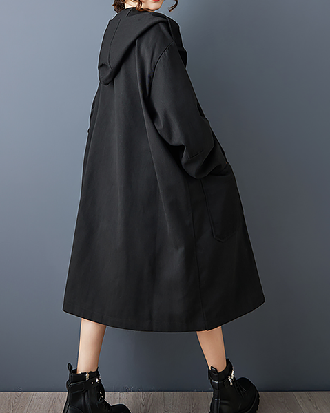 ellazhu Women's Coats Hooded Long Sleeve Oversize Button Down Long Maxi Hem Solid Outerwear Side Pockets GZ673 Black