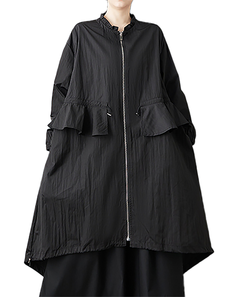 ellazhu Women's Coats Mock Neck Long Sleeve Oversize Zip Up Drawstring Solid Outerwear Side Pockets GZ674 Black