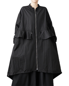 ellazhu Women's Coats Mock Neck Long Sleeve Oversize Zip Up Drawstring Solid Outerwear Side Pockets GZ674 Black