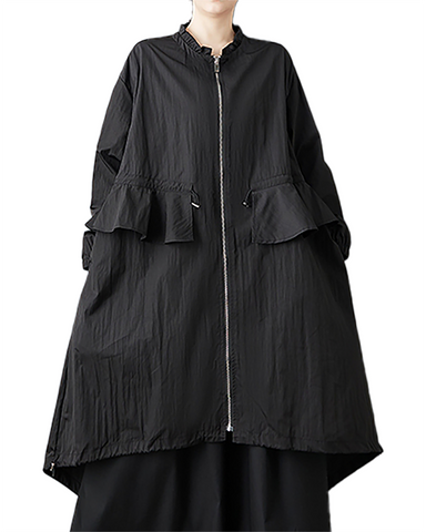 ellazhu Women's Coats Mock Neck Long Sleeve Oversize Zip Up Drawstring Solid Outerwear Side Pockets GZ674 Black