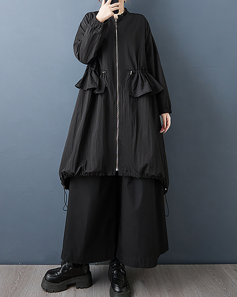 ellazhu Women's Coats Mock Neck Long Sleeve Oversize Zip Up Drawstring Solid Outerwear Side Pockets GZ674 Black