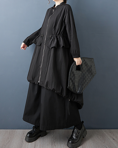 ellazhu Women's Coats Mock Neck Long Sleeve Oversize Zip Up Drawstring Solid Outerwear Side Pockets GZ674 Black