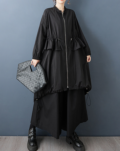 ellazhu Women's Coats Mock Neck Long Sleeve Oversize Zip Up Drawstring Solid Outerwear Side Pockets GZ674 Black