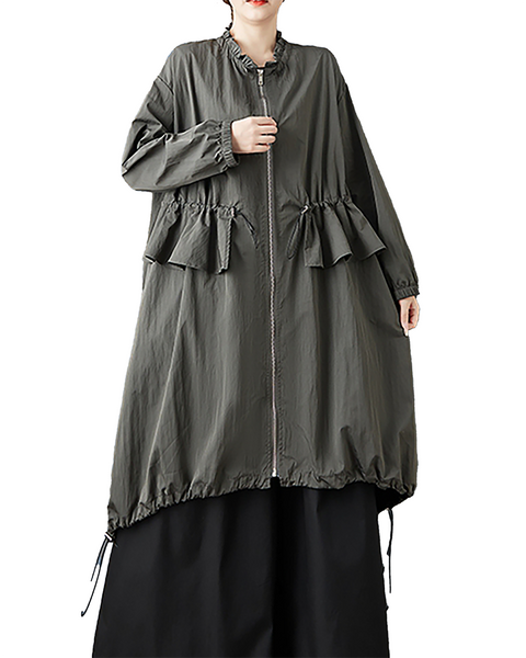 ellazhu Women's Coats Mock Neck Long Sleeve Oversize Zip Up Drawstring Solid Outerwear Side Pockets GZ674 Black