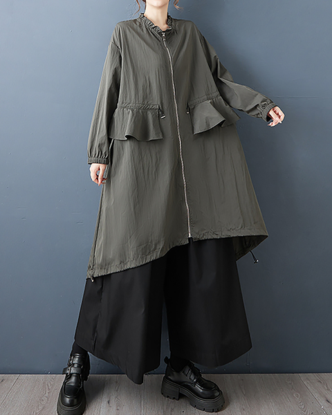 ellazhu Women's Coats Mock Neck Long Sleeve Oversize Zip Up Drawstring Solid Outerwear Side Pockets GZ674 Black