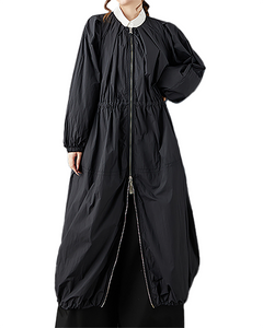 ellazhu Women's Coats Crewneck Long Sleeve Oversize Zip Up Drawstring Solid Outerwear Side Pockets GZ675 Black
