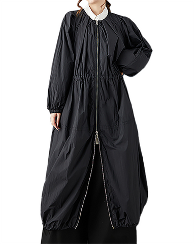 ellazhu Women's Coats Crewneck Long Sleeve Oversize Zip Up Drawstring Solid Outerwear Side Pockets GZ675 Black